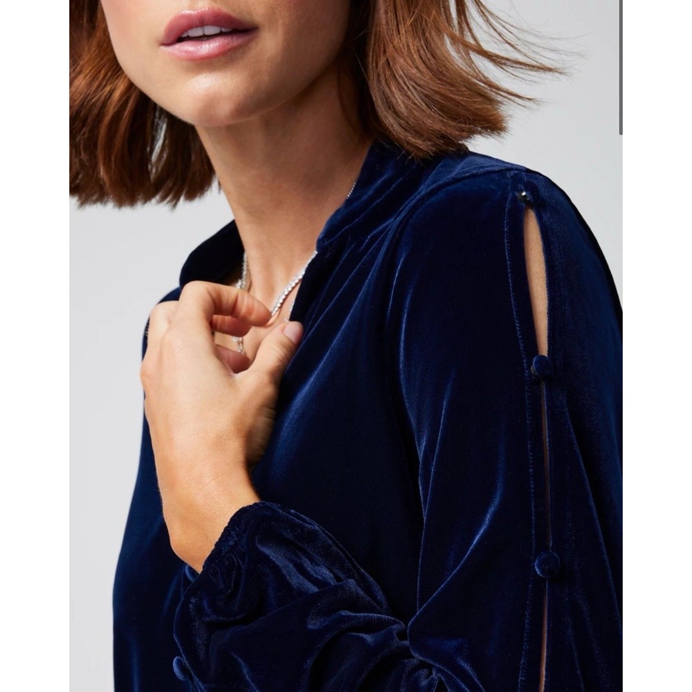 WHBM Long Sleeve Navy Blue Velvet V-Neck Blouse Buttons Split Sleeve Women's S - Picture 2 of 9